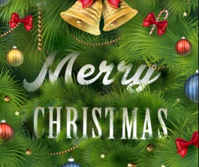 Green needles background with christmas baubles vector