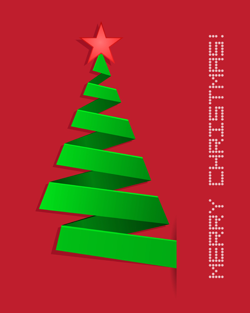 Green ribbon xmas tree with red background