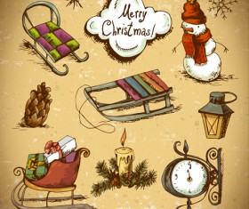 Hand drawn christmas elements retro vector material 01