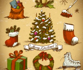 Hand drawn christmas elements retro vector material 02