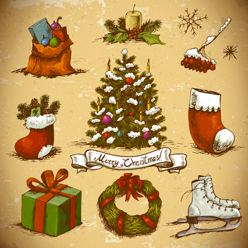 Hand drawn christmas elements retro vector material 02