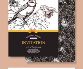 Hand drawn retro flower with bird wedding invitations vector 01
