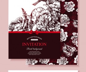 Hand drawn retro flower with bird wedding invitations vector 02