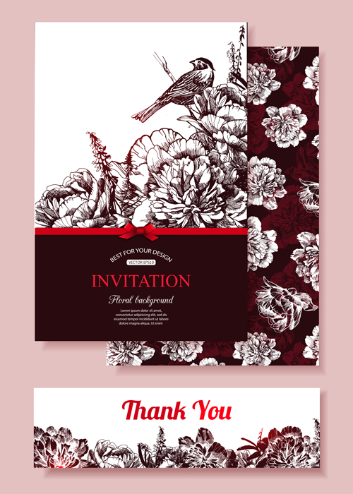 Hand drawn retro flower with bird wedding invitations vector 02