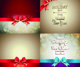 Ornate christmas cards with ribbon bow vector set 01