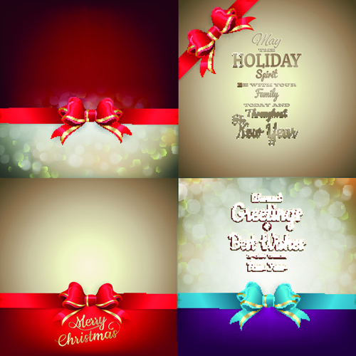 Ornate christmas cards with ribbon bow vector set 01