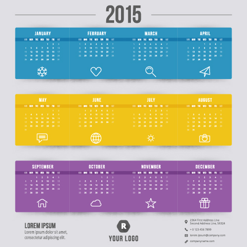 Purple with blue and yellow 2015 calendar vector