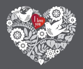 Romantic birds with floral hearts vector 01