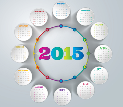 Round paper cards calendar 2015 vector