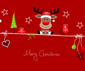 Snowman santa with reindeer red christmas background