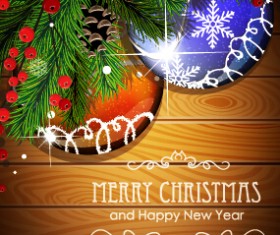Wooden background with christmas ornament vector 01