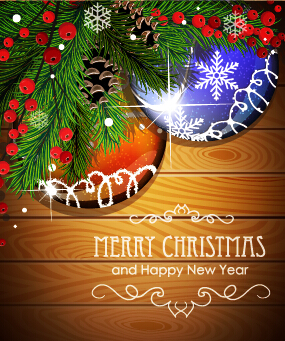 Wooden background with christmas ornament vector 01