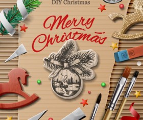 Wooden baubles merry christmas vector cards 01