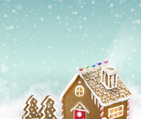 Xmas snow with wooden house background