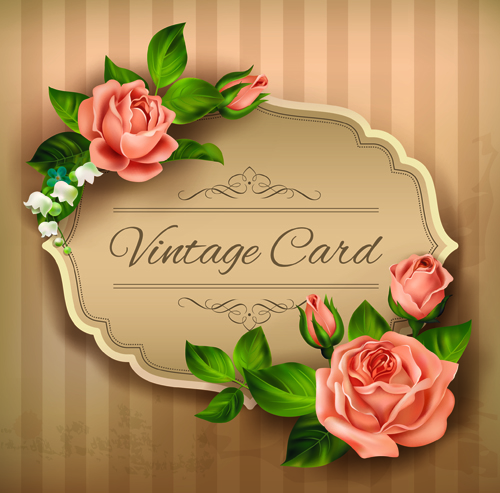 Beautiful roses with vintage cards vector material 01