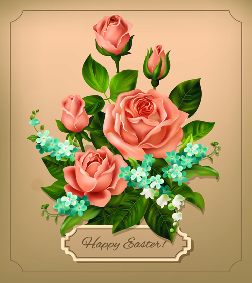Beautiful roses with vintage cards vector material 02