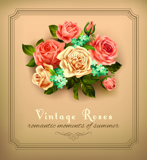 Beautiful roses with vintage cards vector material 04