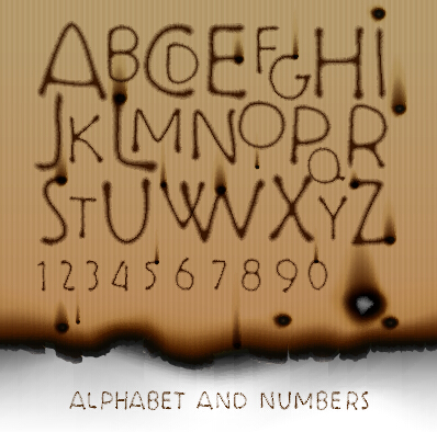 Burn marks alphabet and numbers vectors