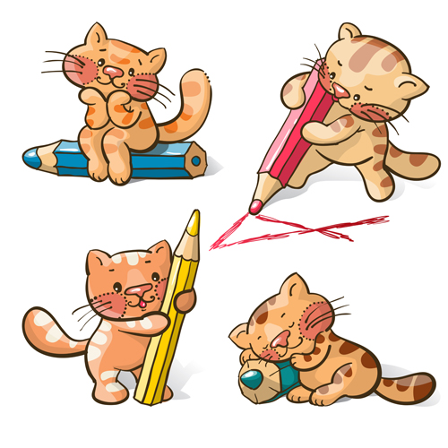 Cute cats and pencil vecto material