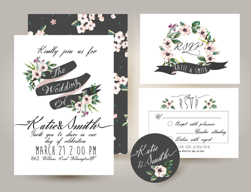 Elegant flower wedding invitation card kit vector 01