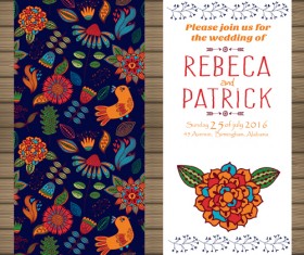 Floral ethnic pattern wedding invitations vector set 02