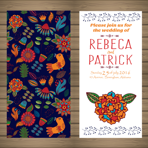Floral ethnic pattern wedding invitations vector set 02