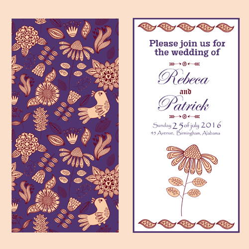 Floral ethnic pattern wedding invitations vector set 04
