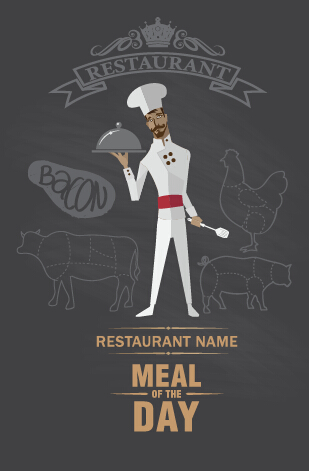 Funny chef with restaurant menu vector 01