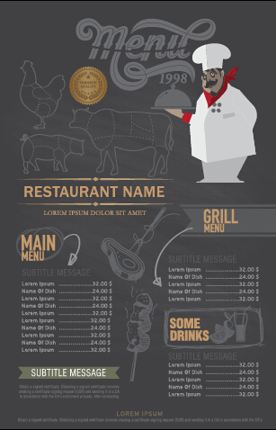 Funny chef with restaurant menu vector 02