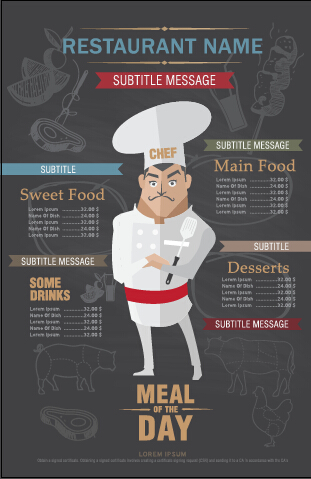 Funny chef with restaurant menu vector 03