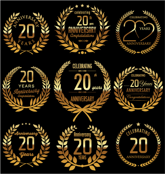 Golden laurel wreath with anniversary celebration labels vector 07