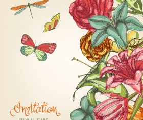Hand drawn colored floral Invitation cards vector 01