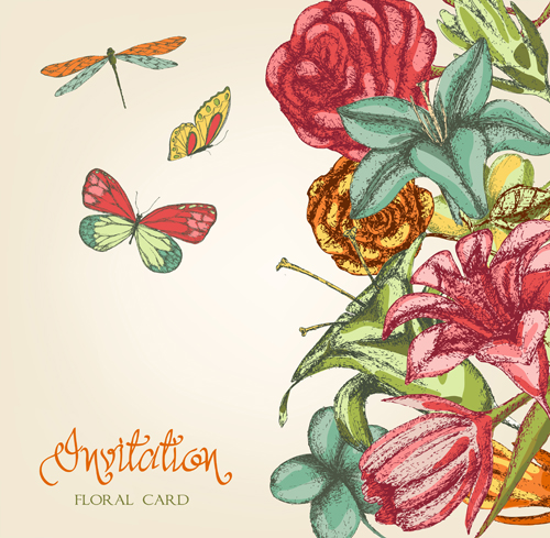 Hand drawn colored floral Invitation cards vector 01