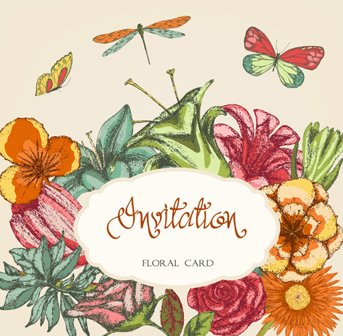 Hand drawn colored floral Invitation cards vector 03