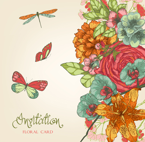 Hand drawn colored floral Invitation cards vector 05