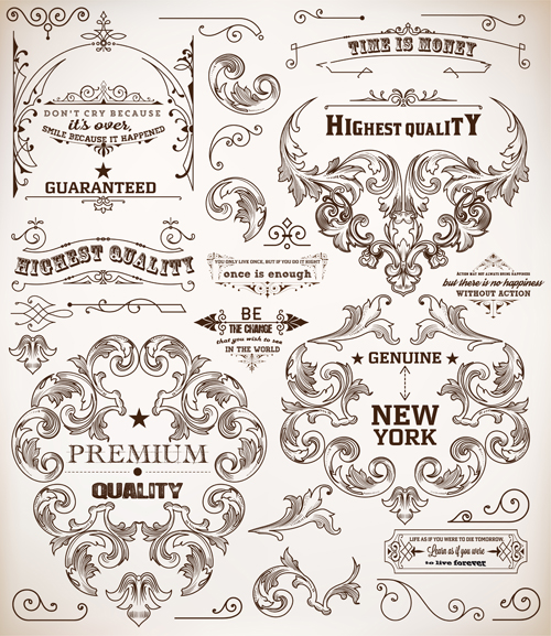Ornamental elements and labels vintage style vector 01