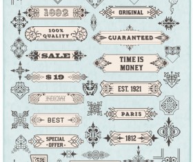 Ornamental elements and labels vintage style vector 02