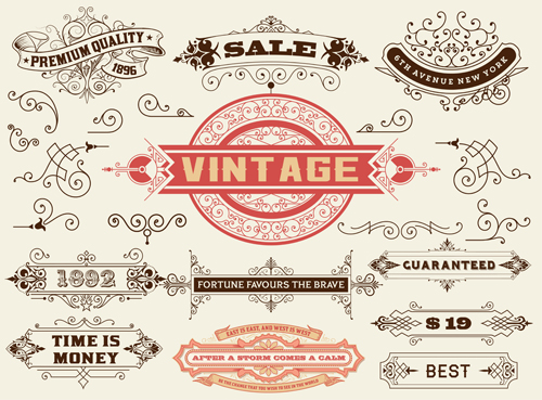 Ornamental elements and labels vintage style vector 04