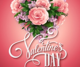 Pink flower with heart shape Valentine day cards vector 01