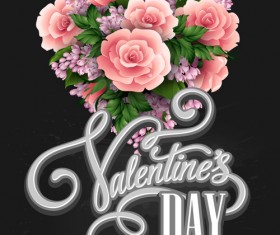 Pink flower with heart shape Valentine day cards vector 02