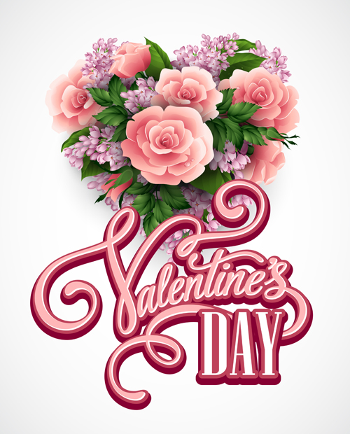Pink flower with heart shape Valentine day cards vector 03