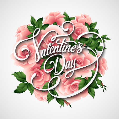Pink flower with heart shape Valentine day cards vector 04