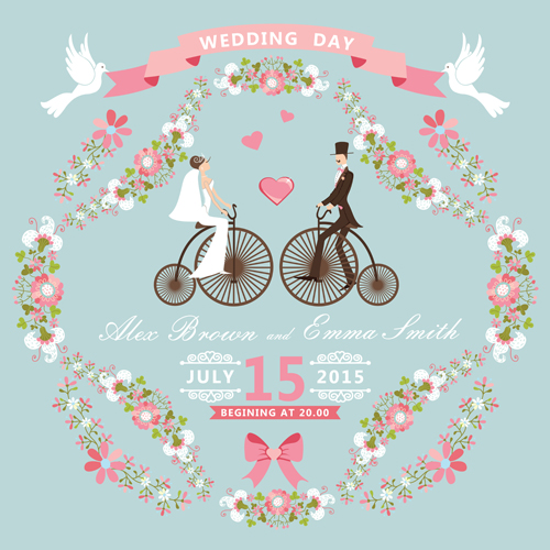 Romantic wedding cards retro style vector 04