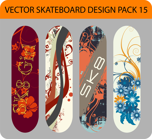 Stylish floral skateboard vector set 03