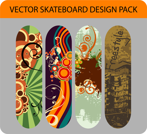 Stylish floral skateboard vector set 09