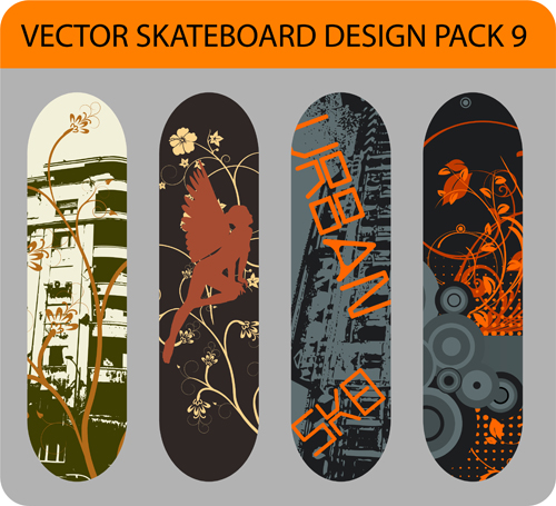 Stylish floral skateboard vector set 17