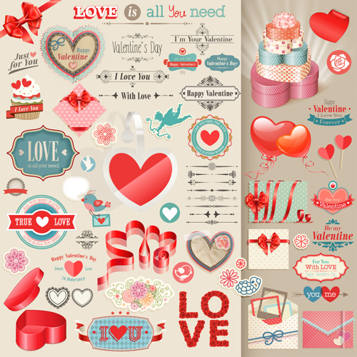 Valentines Day retro elements vectors