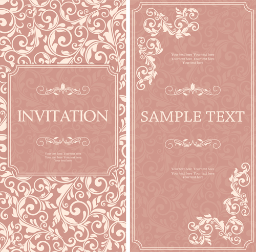 Vintag pink invitation cards with floral vector 03