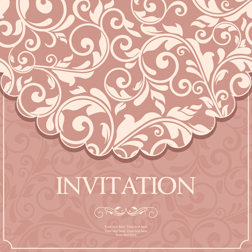 Vintag pink invitation cards with floral vector 04