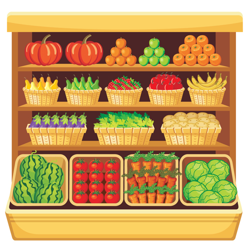 supermarket showcase and food vector set 05